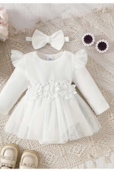 ÇEÇEN HOME Elegant Floral Patterned Lace Detailed Tulle Bodysuit Dress, Dress...