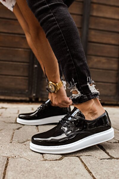 Lucy Shoes Yg003 Pelle Verniciata Classica Men's Casual Lace-Up Patent Leather Classic Shoes Rbt - Black