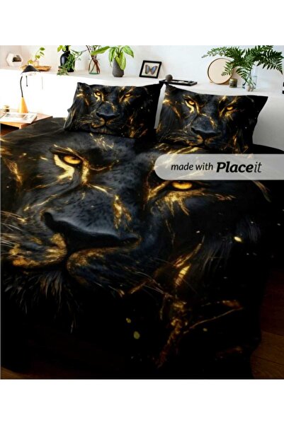 Elmas Dizayn 240X260 cm Luxury Double Bedding Set Hypoallergenic Cotton Satin Black Lion