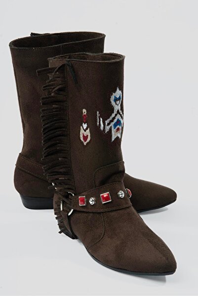 Mubiano Kadın Süet Bot İşlemeli Püskül Detaylı Kahverengi Tessa