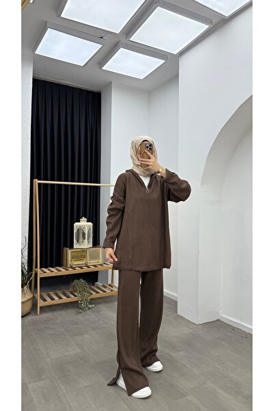 Minharir Basic Zipper Detailed Knitwear Set Comfortable Fit Stylish Hijab Two-Piece Set