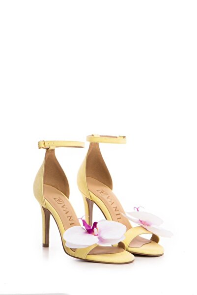 Vanilla Days Velora Light Yellow Suede Stiletto Heels with Floral Accent
