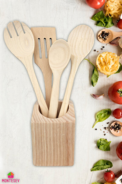 MONTESEV Doğal Diş Budak Ağacı Standlı Ahşap Tahta Kaşık Seti Yemek Servis Ka...