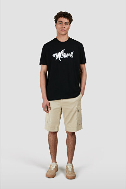 PAUL&SHARK Tricou negru cu mânecă scurtă, cu gât rotund, din bumbac, cu imprimeu de rechin, pentru bărbați 25411041-011