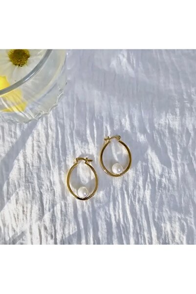Vitastyle Gold Color Steel Pearl Detail Hoop Earrings