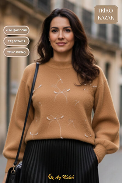 AYMELEK Women's Knitwear Sweater Stone Bow Detail Crew Neck Soft Textured Sweater