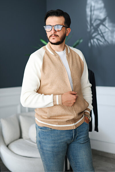 Avni Ceylan Men's Beige Cream Color Block Zippered Casual Cardigan