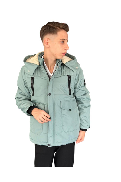İrem Çocuk Giyim Boy's Green Coat with Zipper Pockets, Zipper Closure, Plush ...