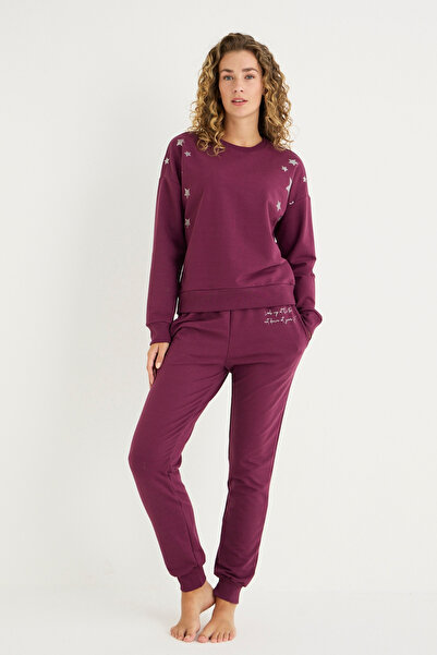 İPEKTENİM Minik Yıldız Baskılı Yazı Detaylı Manşetli Eşofman&Pijama Takımı