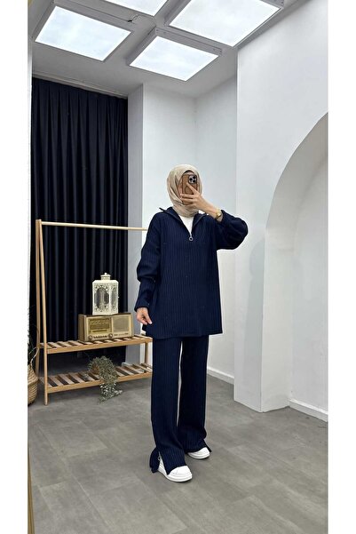 Minharir Basic Zipper Detailed Knitwear Set Comfortable Fit Stylish Hijab Two-Piece Set