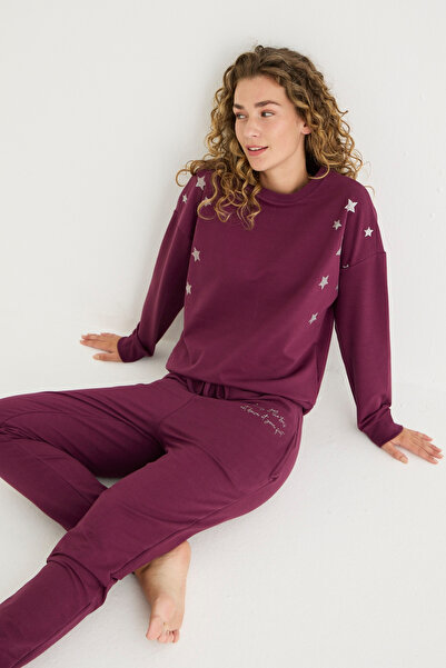 İPEKTENİM Minik Yıldız Baskılı Yazı Detaylı Manşetli Eşofman&Pijama Takımı