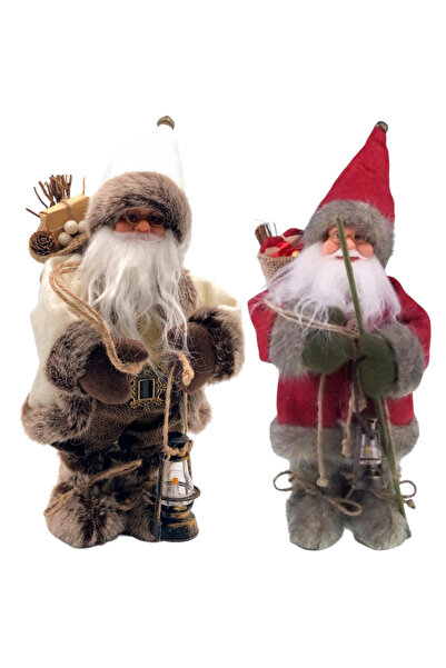 no names Cadou Craciun-Set 2 Mos Craciun decorativi 35 cm – rosu + crem, stil rustic, cu felinar si sac