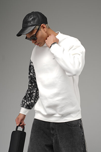 Butik Trend Biz Sleeve Plush Back Printed Crew Neck Oversized Sweatshirt