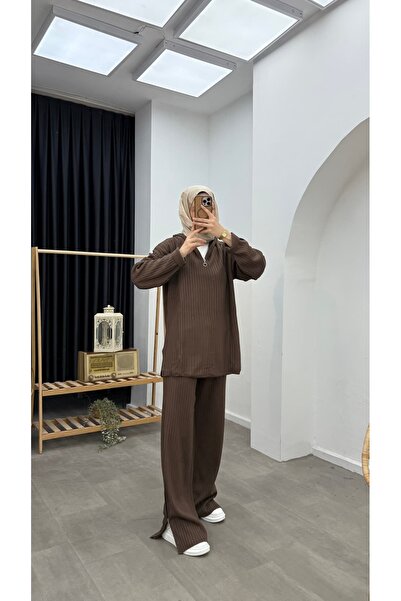 Minharir Basic Zipper Detailed Knitwear Set Comfortable Fit Stylish Hijab Two-Piece Set