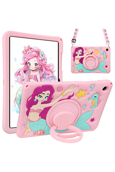 Coolden Case compatible with Samsung Galaxy Tab A9 Plus for kids, mermaid pattern, 360° rotating stand, strap, pink