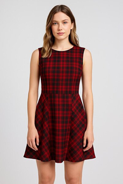 Nuevo Rochie de damă, roșie și neagră, în carouri, fără mâneci, evazată