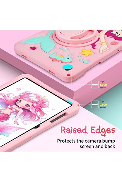 Coolden Case compatible with Samsung Galaxy Tab A9 Plus for kids, mermaid pattern, 360° rotating stand, strap, pink