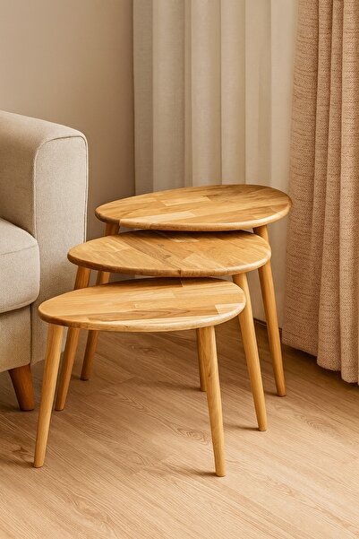 The Exclusive Home Sehpa Masif Doğal Ahşap 3’lü Set Zigon Sehpa Modern Yan, O...