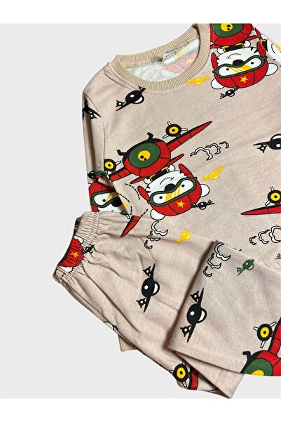 ALİŞ KİDS Boy's Cotton Fleece-Lined Beige Color Helicopter Patterned Long Sleeve Winter Pajamas Set