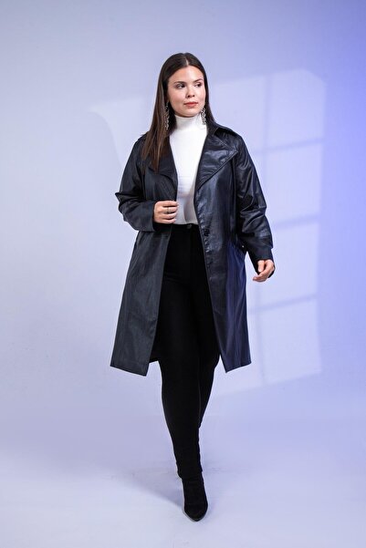 Roxxlen Μαύρο δερμάτινο μπουφάν με ζώνη μεγάλου μεγέθους Oscar