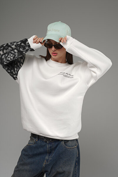 Butik Trend Biz Sleeve Plush Back Printed Crew Neck Oversized Sweatshirt