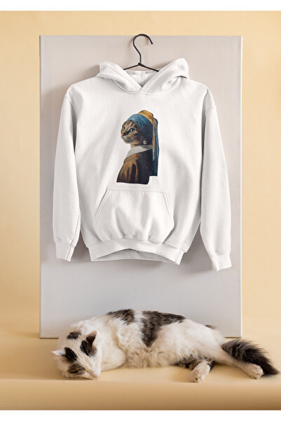 relaxbaskı Cat with Pearl Earrings B Printed Hoodie