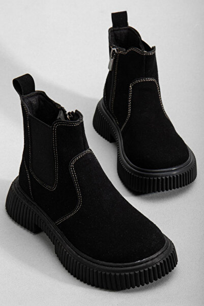 Tonny Black Children's Unisex Black Suede Thick Serrated Thermo Sole Zippered Elastic Chelsea Boots