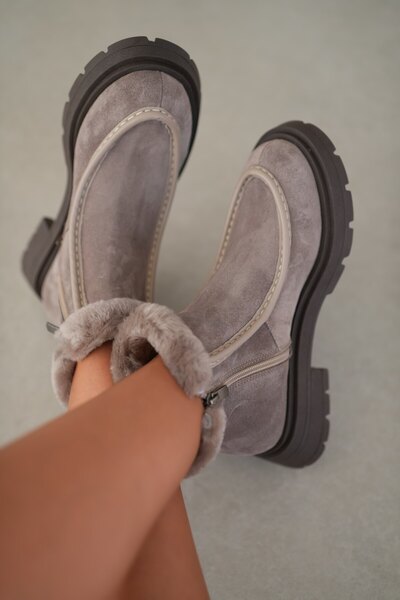 selin shoes Γυναικείες μπότες από γνήσιο δέρμα Corine με λεπτομέρεια από γούνα και φερμουάρ στο πλάι - ΓΚΡΙ ΣΟΥΕΤ