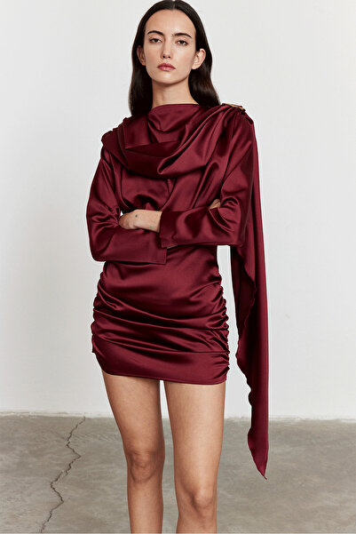 FACETTE Shawl Detail Satin Mini Dress Burgundy