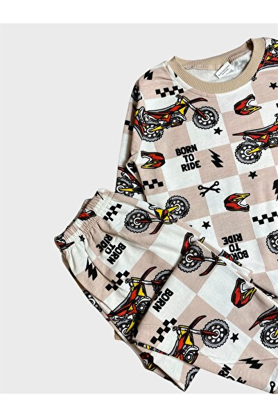 ALİŞ KİDS Boy's Cotton Fleece-Lined Beige Color Engine Patterned Long Sleeve Winter Pajama Set