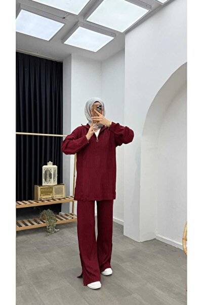 Minharir Basic Zipper Detailed Knitwear Set Comfortable Fit Stylish Hijab Two-Piece Set