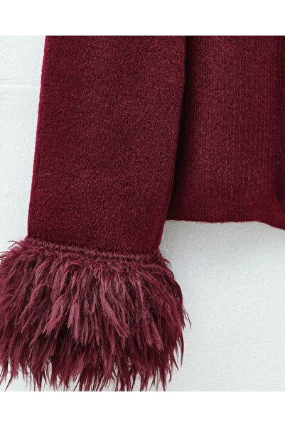 Modamorfo Heart Buttoned Sleeve Fringed Knitwear Cardigan - Burgundy