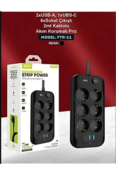 Blic Ftr-11 Termal Akım Korumalı 6 Priz 3 USB Girişli 2 Metre Uzatma Kablolu ...