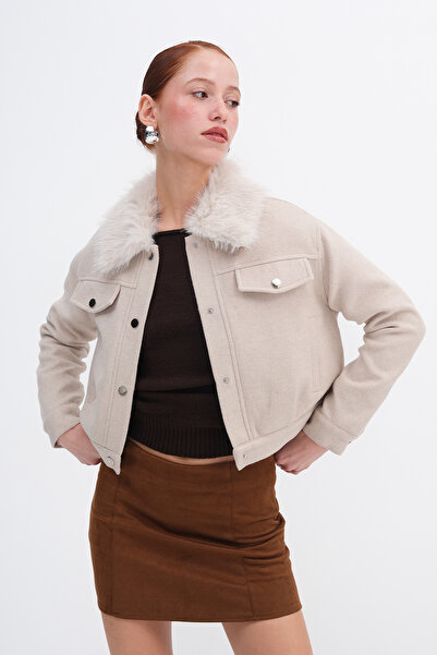 Addax Fur Collar Short Coat M7654
