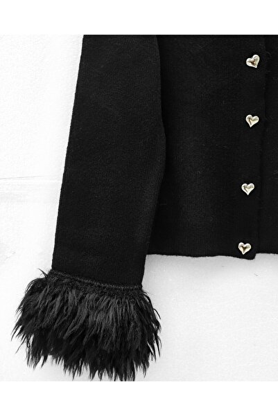 Modamorfo Heart Buttoned Sleeve Fringed Knit Cardigan -Black
