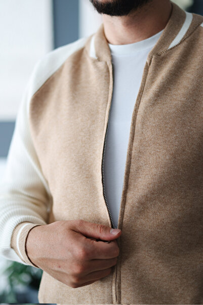 Avni Ceylan Men's Beige Cream Color Block Zippered Casual Cardigan