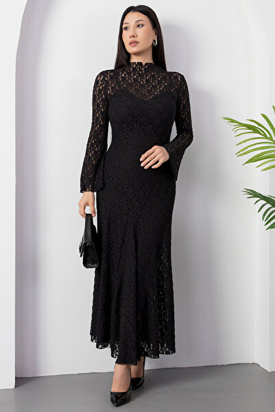 PULLIMM Mock Neck Lined Lace Dress Ny3066