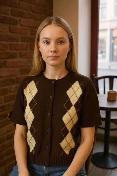 Puella Hrk0010 Women's Brown-Yellow Diamond Patterned White Striped Buttoned Short-Sleeved Cardigan