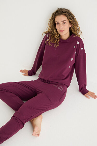 İPEKTENİM Minik Yıldız Baskılı Yazı Detaylı Manşetli Eşofman&Pijama Takımı