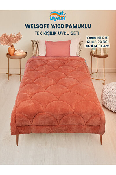 UYSAL WELSOFT AKFİL MİDYE DESEN TEK KİŞİLİK UYKU SETİ TURUNCU 155x215