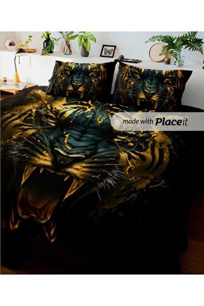 Elmas Dizayn 240X260 cm Luxury Double Bedding Set Hypoallergenic Cotton Satin Black Tiger