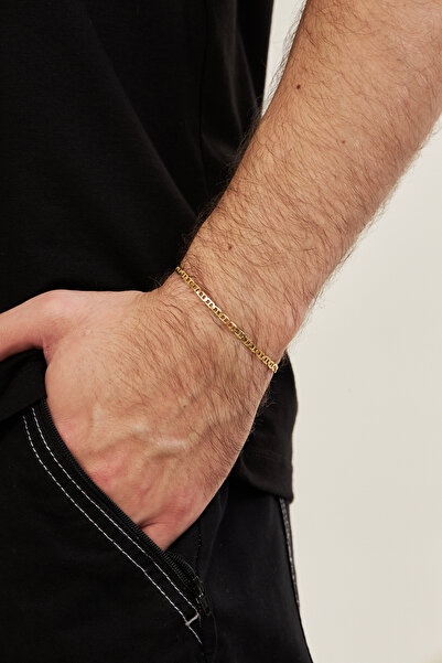 Ventino Silver 18K Altın Kaplama 3mm Barlı 925 Ayar Gümüş Erkek Zincir Bilekl...