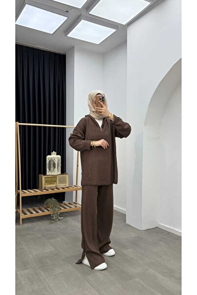 Minharir Basic Zipper Detailed Knitwear Set Comfortable Fit Stylish Hijab Two-Piece Set