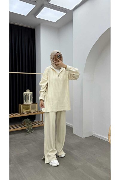 Minharir Basic Zipper Detailed Knitwear Set Comfortable Fit Stylish Hijab Two-Piece Set