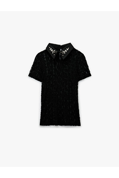 Koton Διαφανές πουκάμισο με κοντό μανίκι με λεπτομέρεια από πέτρα και δαντέλα