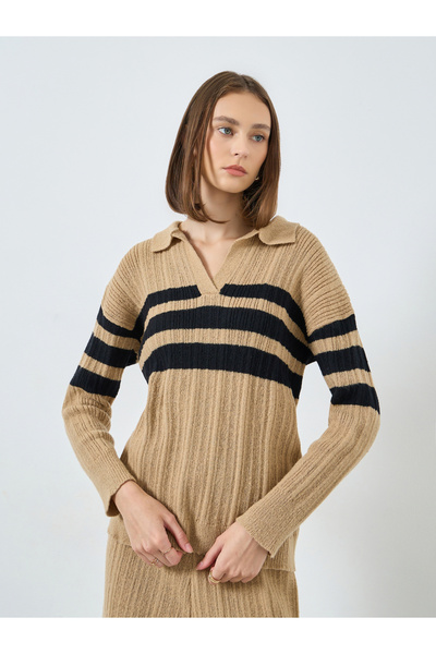 Styli Women Beige Striped Polo Neck Knit Top