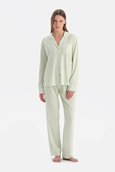 Dagi Light Green Heart Patterned Shirt Pants Set