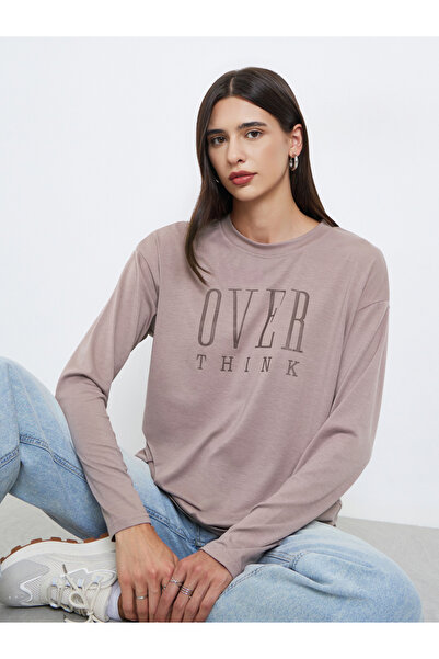 Styli Brown Slogan Print Oversize T-Shirt
