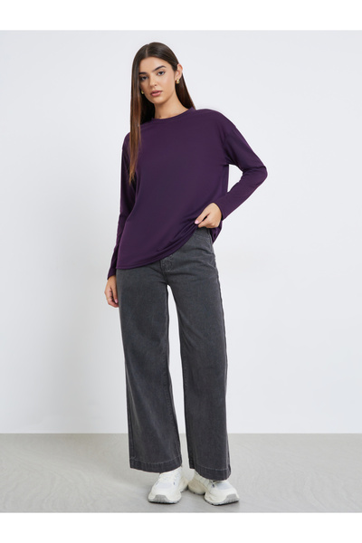 Styli Women Purple Solid Dropped Shoulder Oversized T-Shirt