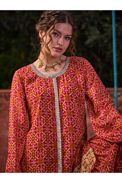 Sassafras By Styli Maroon Floral Front Placket Top with Sharara Pants Set